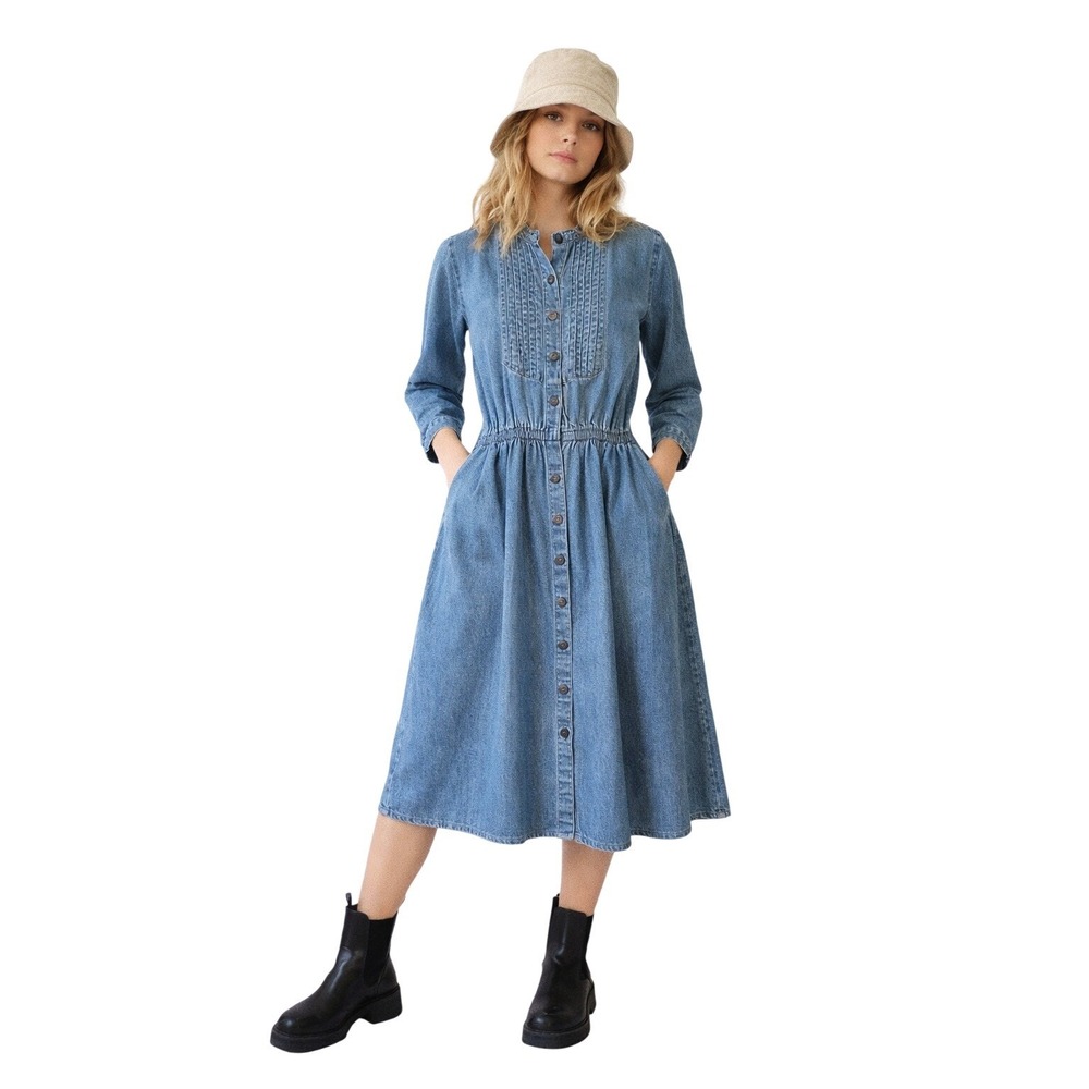 ORVIS Vintage 90s Denim Midi Dress Pintuck Button Front Prairie Size 14P‎